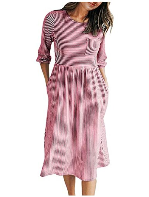 MEROKEETY Women's 3/4 Balloon Sleeve Striped High Waist T Shirt Midi Dress with Pockets