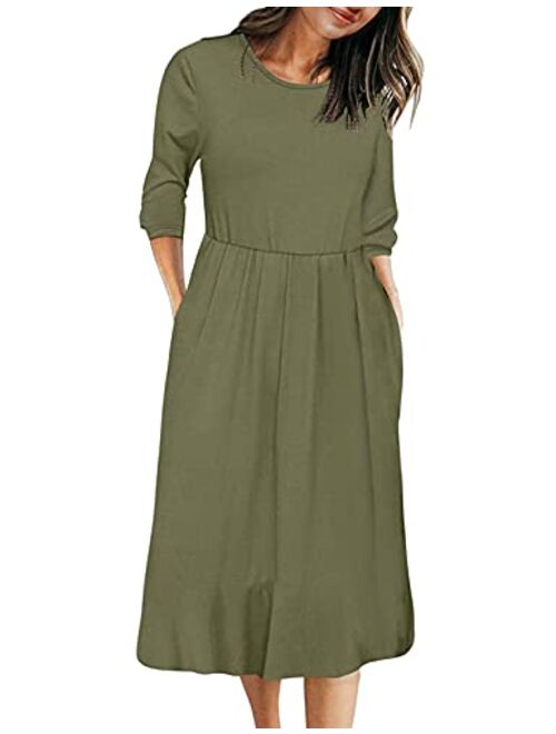 MEROKEETY Women's 3/4 Balloon Sleeve Striped High Waist T Shirt Midi Dress with Pockets