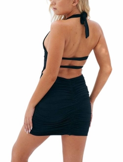 just quella Women Sexy Bodycon Party Dresses Backless Spaghetti Straps Clubwear Mini Dress