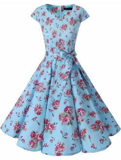 DRESSTELLS Women's Vintage Tea Dress Prom Swing Cocktail Party Dress with Cap-Sleeves