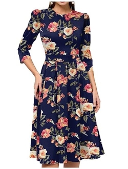 Simple Flavor Floral Vintage 3/4 Sleeves Elegant Midi Cocktail Evening Dress 