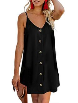 AlvaQ Women Summer Spaghetti Strap Button Down V Neck Sleeveless Casual Mini Dress