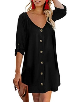 AlvaQ Women Summer Spaghetti Strap Button Down V Neck Sleeveless Casual Mini Dress