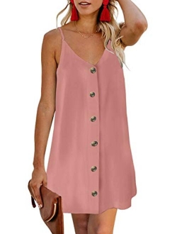 AlvaQ Women Summer Spaghetti Strap Button Down V Neck Sleeveless Casual Mini Dress