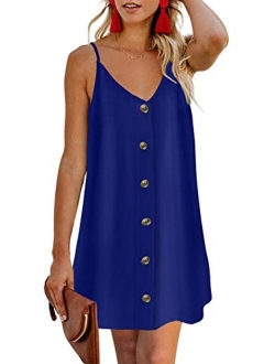 AlvaQ Women Summer Spaghetti Strap Button Down V Neck Sleeveless Casual Mini Dress