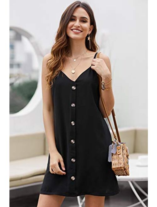 AlvaQ Women Summer Spaghetti Strap Button Down V Neck Sleeveless Casual Mini Dress