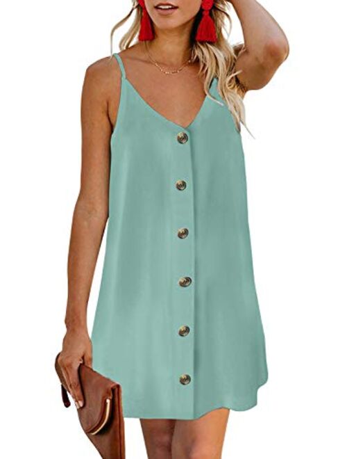 AlvaQ Women Summer Spaghetti Strap Button Down V Neck Sleeveless Casual Mini Dress