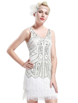 BABEYOND Women's Flapper Dresses 1920s V Neck Beaded Fringed Great Gatsby Dress