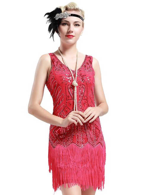 BABEYOND Women's Flapper Dresses 1920s V Neck Beaded Fringed Great Gatsby Dress