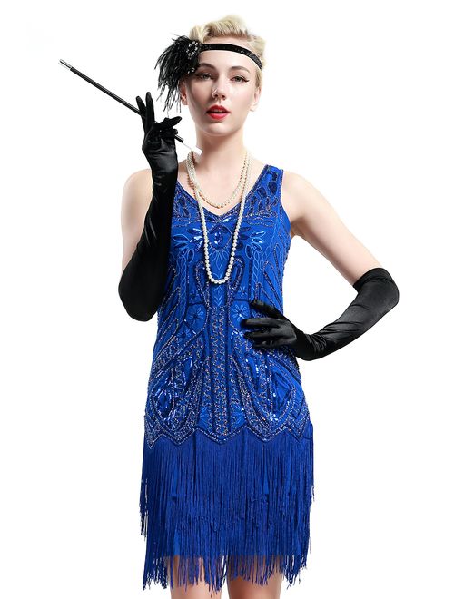 BABEYOND Women's Flapper Dresses 1920s V Neck Beaded Fringed Great Gatsby Dress