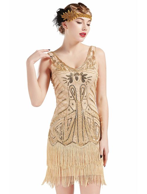 BABEYOND Women's Flapper Dresses 1920s V Neck Beaded Fringed Great Gatsby Dress