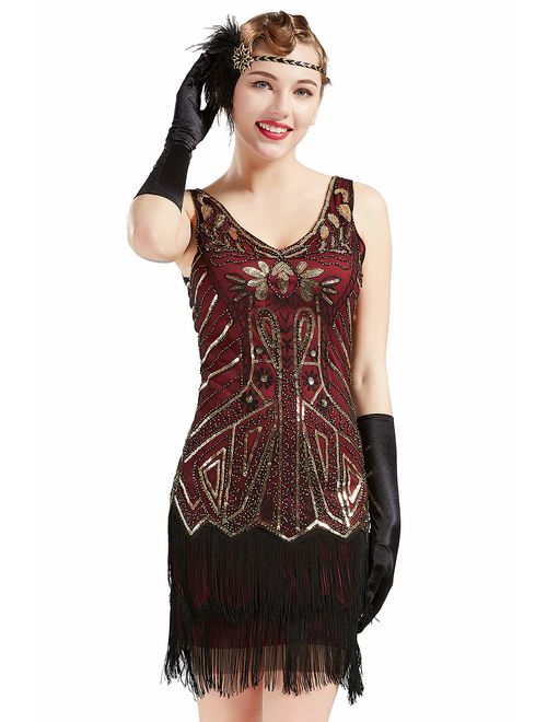 BABEYOND Women's Flapper Dresses 1920s V Neck Beaded Fringed Great Gatsby Dress