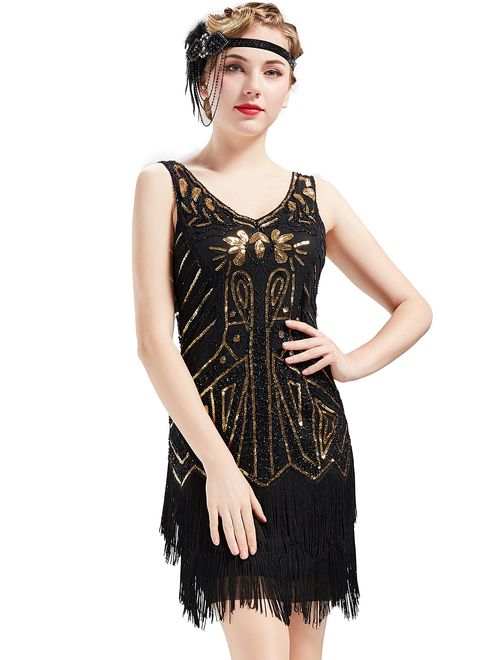 BABEYOND Women's Flapper Dresses 1920s V Neck Beaded Fringed Great Gatsby Dress