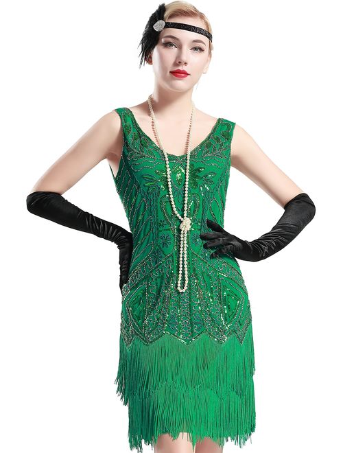 BABEYOND Women's Flapper Dresses 1920s V Neck Beaded Fringed Great Gatsby Dress