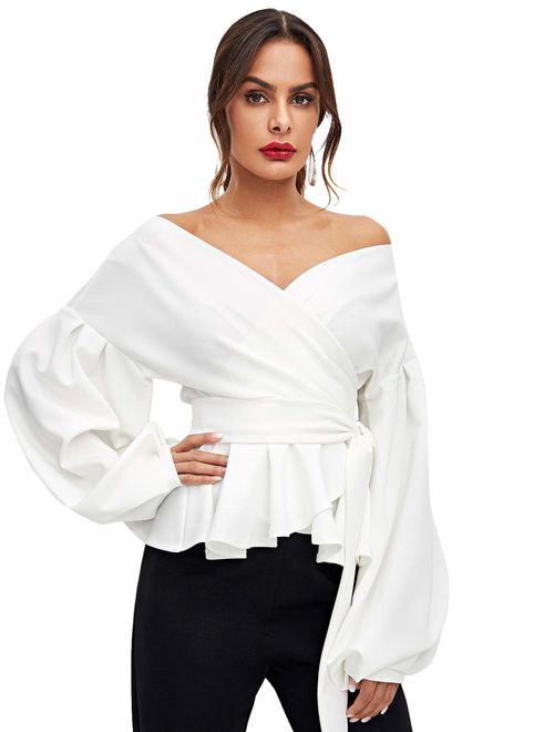 SheIn Women's Long Sleeve V Neck Ruffle Blouse Off Shoulder Tie Waist Wrap Tops