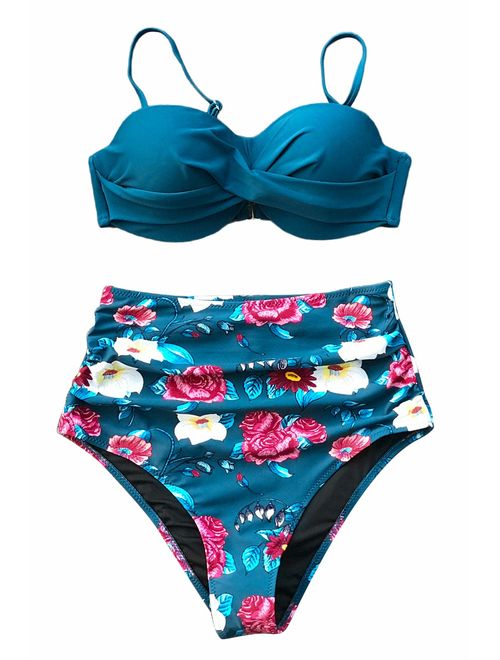 CUPSHE Women's Sapphire Blue Floral High Waisted Bikini Set