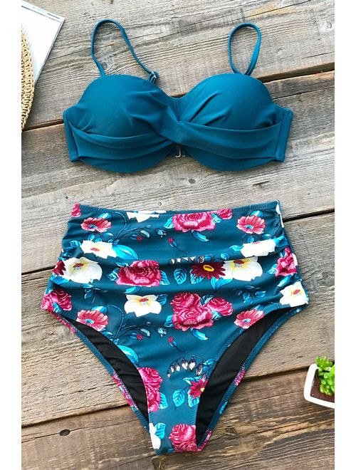 CUPSHE Women's Sapphire Blue Floral High Waisted Bikini Set