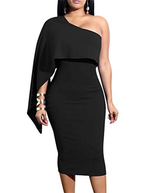 GOBLES Women's Summer Sexy One Shoulder Ruffle Bodycon Midi Cocktail Dress