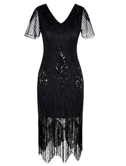 Women's 1920s Dress Sequin Art Deco Flapper Dress with Sleeve