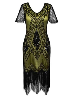 Women's 1920s Dress Sequin Art Deco Flapper Dress with Sleeve