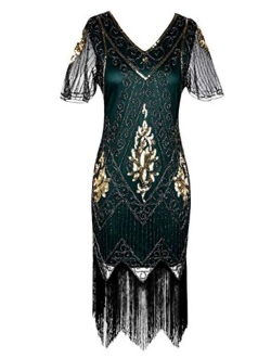 Women's 1920s Dress Sequin Art Deco Flapper Dress with Sleeve