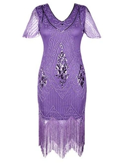 Women's 1920s Dress Sequin Art Deco Flapper Dress with Sleeve