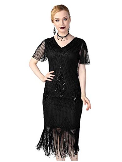 PrettyGuide Women's 1920s Dress Sequin Art Deco Flapper Dress with Sleeve