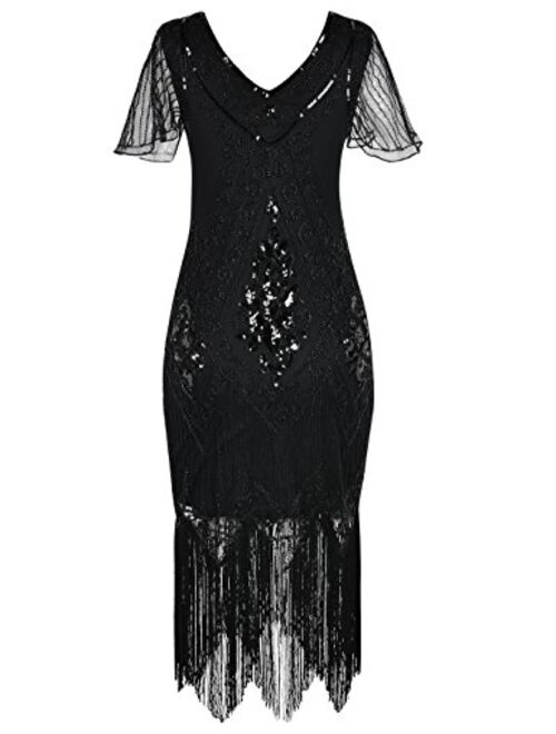 PrettyGuide Women's 1920s Dress Sequin Art Deco Flapper Dress with Sleeve