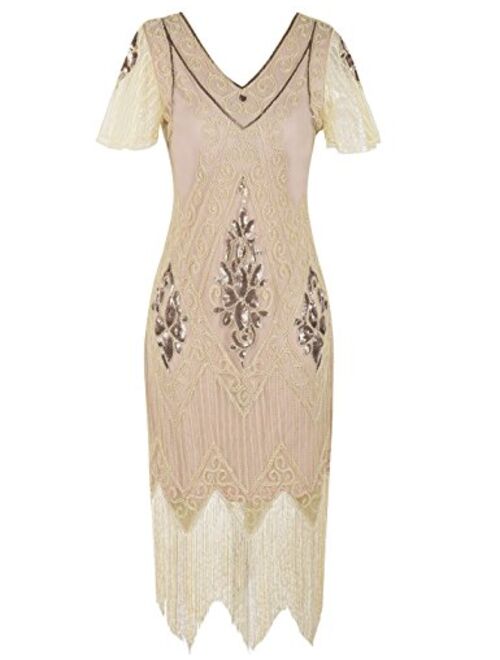 PrettyGuide Women's 1920s Dress Sequin Art Deco Flapper Dress with Sleeve