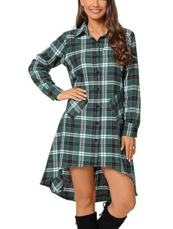 OLRAIN Womens New Plaids Irregular Hem Casual Shirt Dress