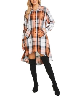 OLRAIN Womens New Plaids Irregular Hem Casual Shirt Dress