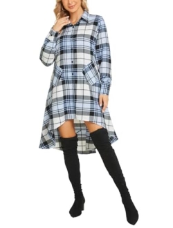 OLRAIN Womens New Plaids Irregular Hem Casual Shirt Dress