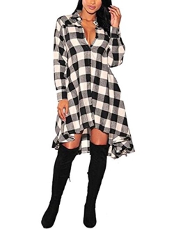 OLRAIN Womens New Plaids Irregular Hem Casual Shirt Dress