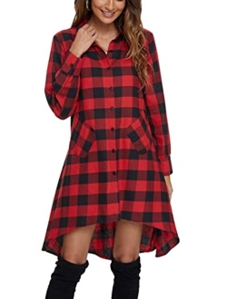 OLRAIN Womens New Plaids Irregular Hem Casual Shirt Dress