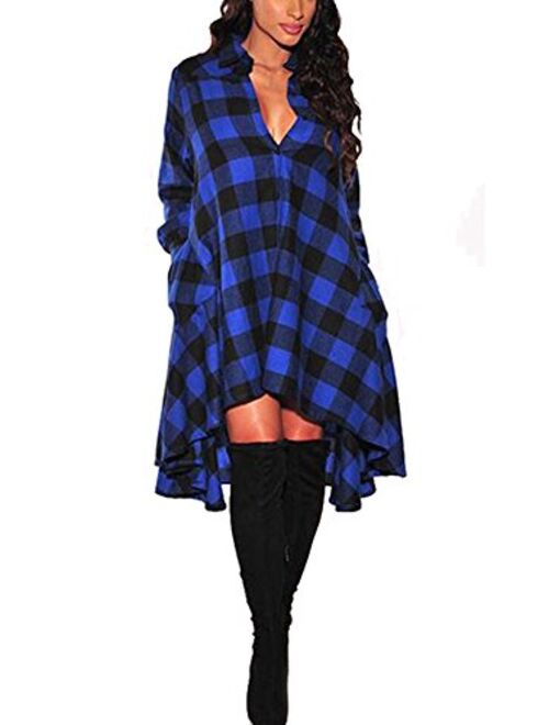 OLRAIN Womens New Plaids Irregular Hem Casual Shirt Dress