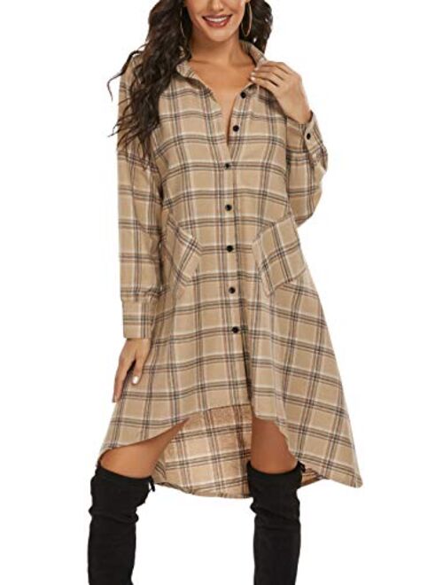 OLRAIN Womens New Plaids Irregular Hem Casual Shirt Dress