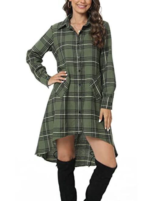 OLRAIN Womens New Plaids Irregular Hem Casual Shirt Dress