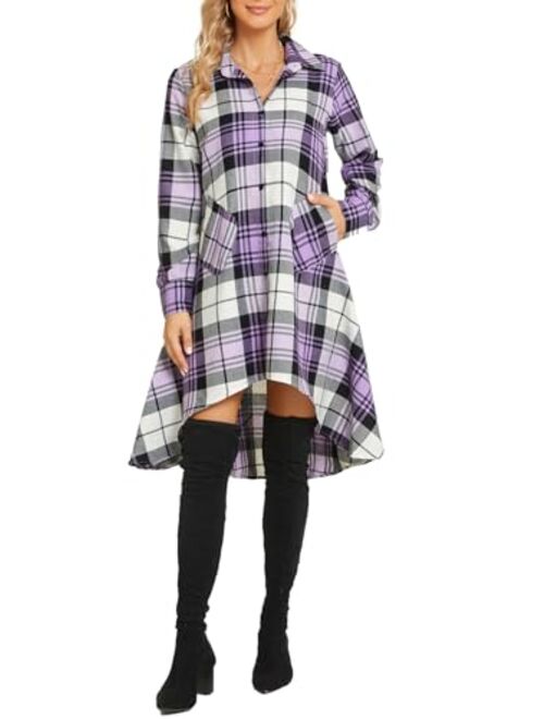 OLRAIN Womens New Plaids Irregular Hem Casual Shirt Dress