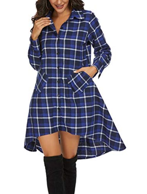 OLRAIN Womens New Plaids Irregular Hem Casual Shirt Dress