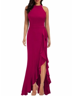 Women's High Neck Short Slit Bodycon Mermaid Evening Cocktail Long Dress