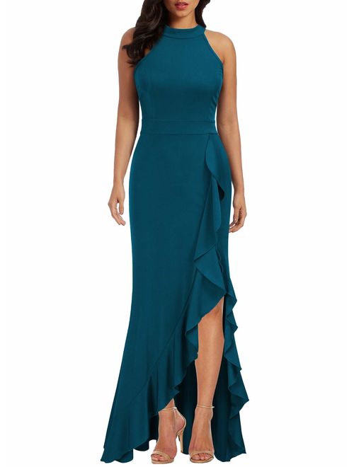 WOOSEA Women's High Neck Short Slit Bodycon Mermaid Evening Cocktail Long Dress