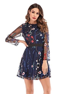 Women's Round Neck Floral Embroidered Mesh Long Sleeve Dress