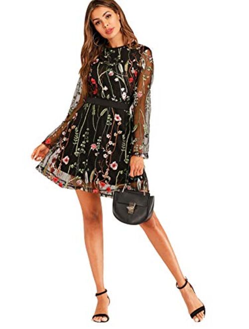 Milumia Women's Round Neck Floral Embroidered Mesh Long Sleeve Dress