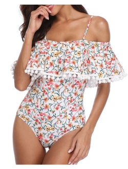 Women's One Piece Retro Ruffle Printed Off Shoulder Slimming Swimsuit