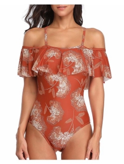 Women's One Piece Retro Ruffle Printed Off Shoulder Slimming Swimsuit