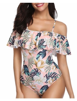 Women's One Piece Retro Ruffle Printed Off Shoulder Slimming Swimsuit