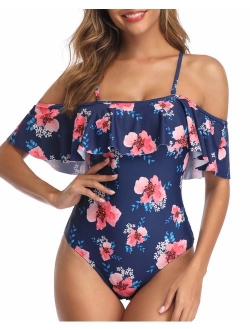 Women's One Piece Retro Ruffle Printed Off Shoulder Slimming Swimsuit