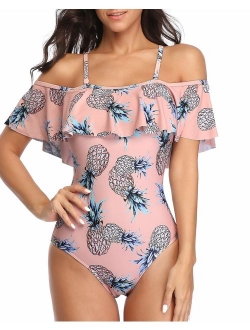 Women's One Piece Retro Ruffle Printed Off Shoulder Slimming Swimsuit