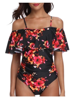 Women's One Piece Retro Ruffle Printed Off Shoulder Slimming Swimsuit