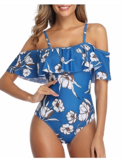 Women's One Piece Retro Ruffle Printed Off Shoulder Slimming Swimsuit